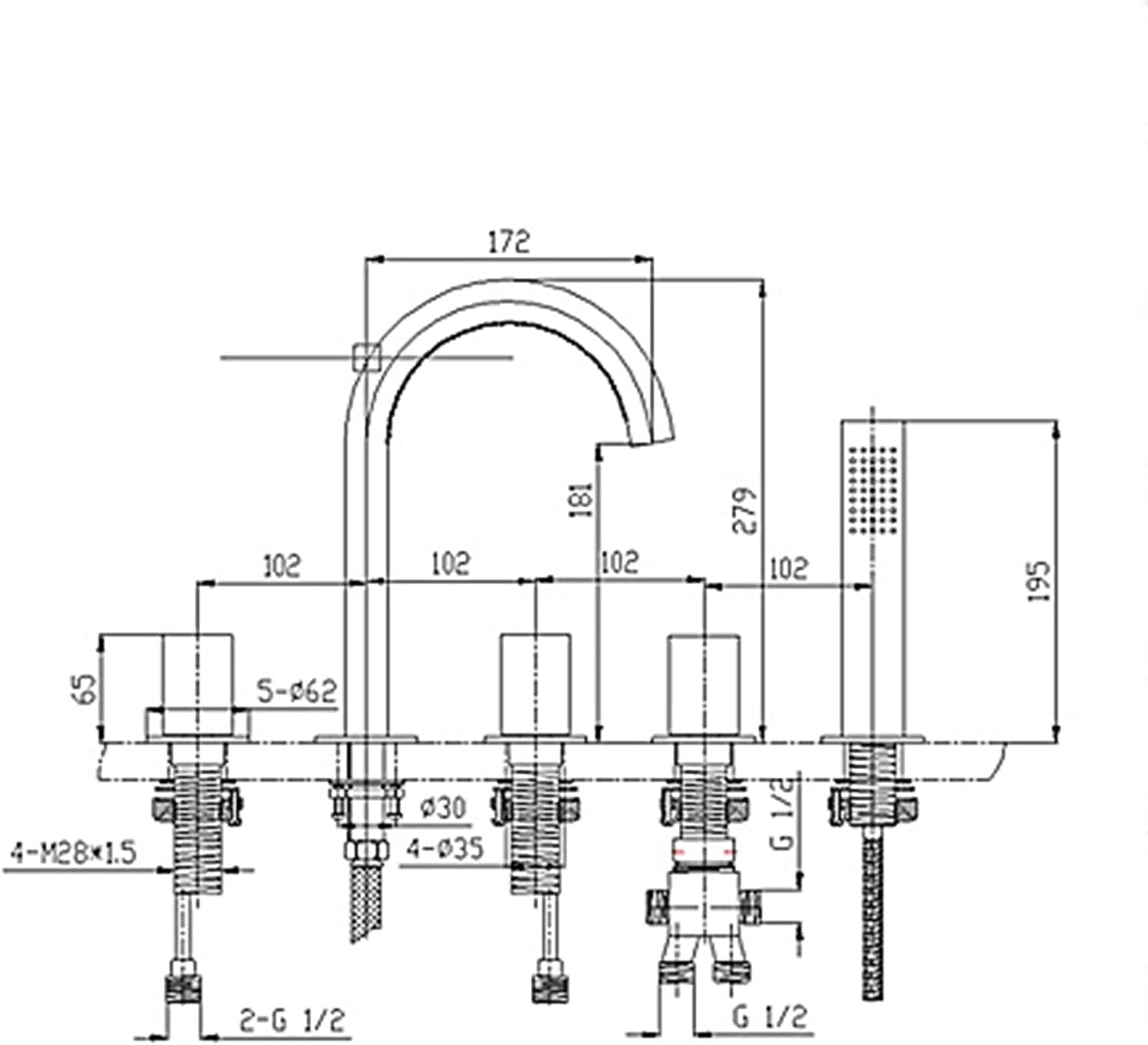 Five-Piece Bathtub Faucet Bathroom Basin Faucet, Washbasin Hot and Cold Water Mixer Tap, Copper Split Type Bathtub Shower Faucet Set, Electroplating,A