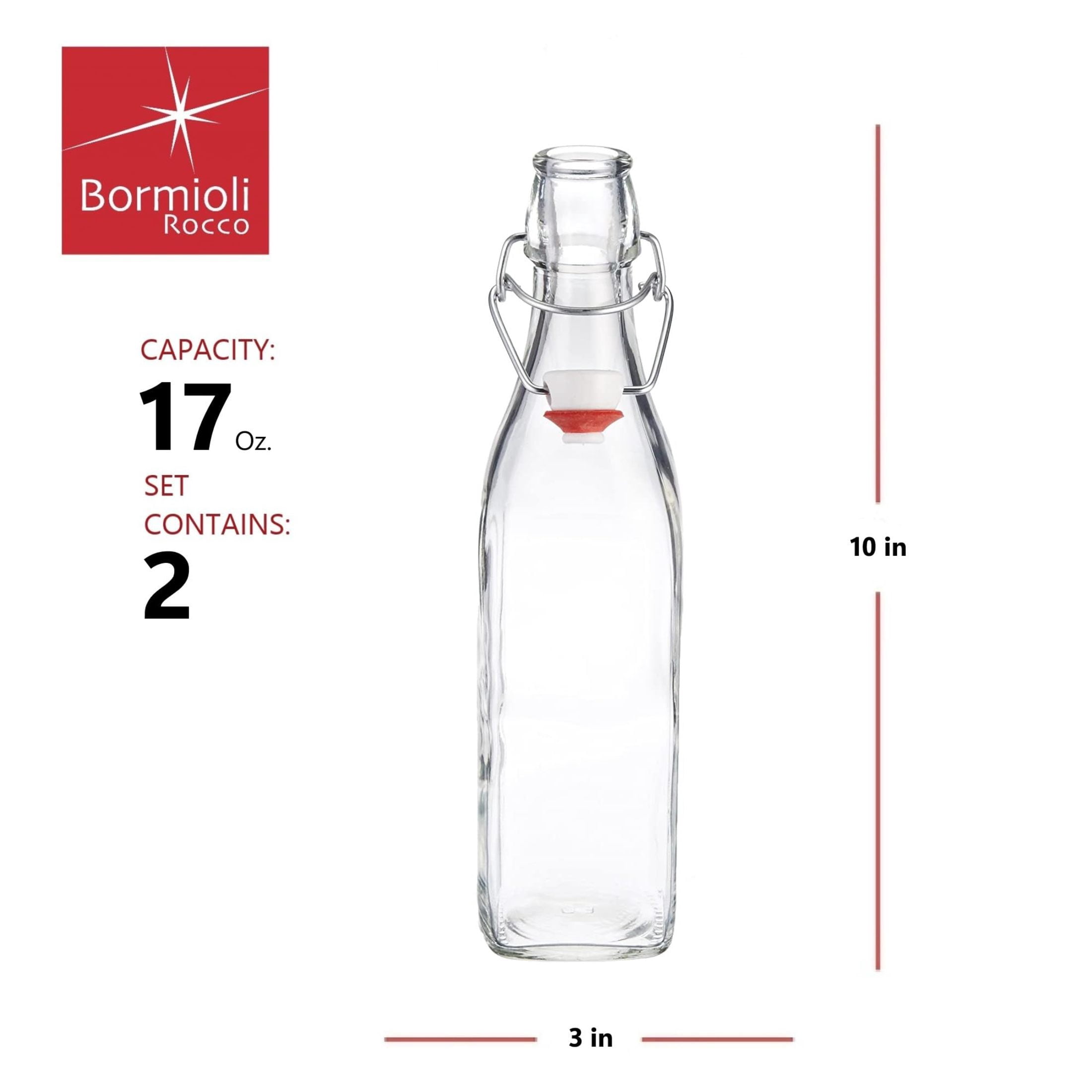Bormioli Rocco Swing Top Glass Bottle (Set of 2) - 17 oz Reusable Container with Secure Metal Clasp, Ideal for Homemade Juices, Oil Infusions, Condiments, Mixers - Everyday Drinking Glasses