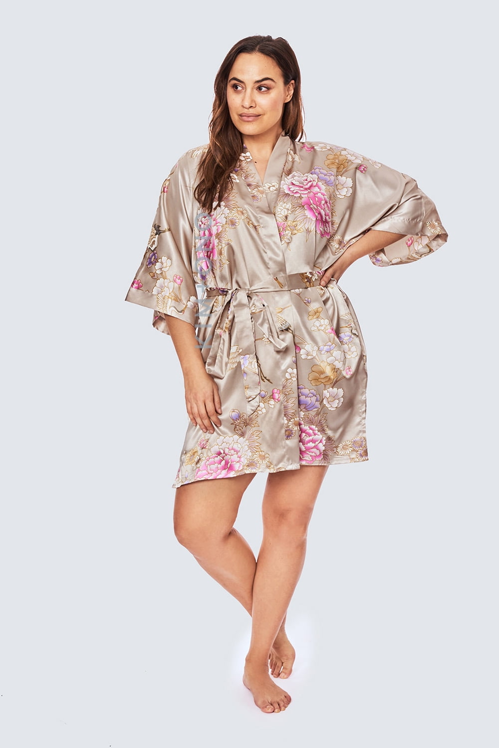 KIM+ONO Plus Size Women's Satin Kimono Robe Short Floral 