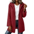 thumbnail image 5 of Women's Fleece Lined Jackets Hooded Cable Textured Zip Front Mid Length Coat Plush Coats for Women Red 2XL, 5 of 6