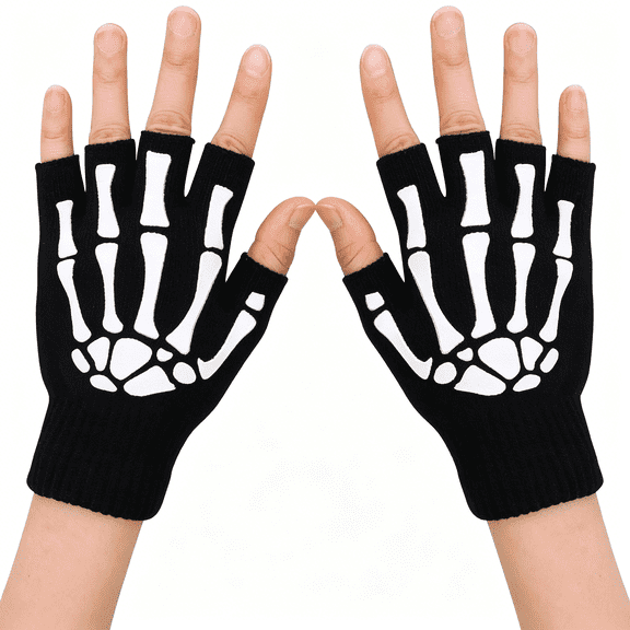 TELOLY Unisex Full/Half Finger Skeleton Gloves Glow in The Dark Knit Gloves