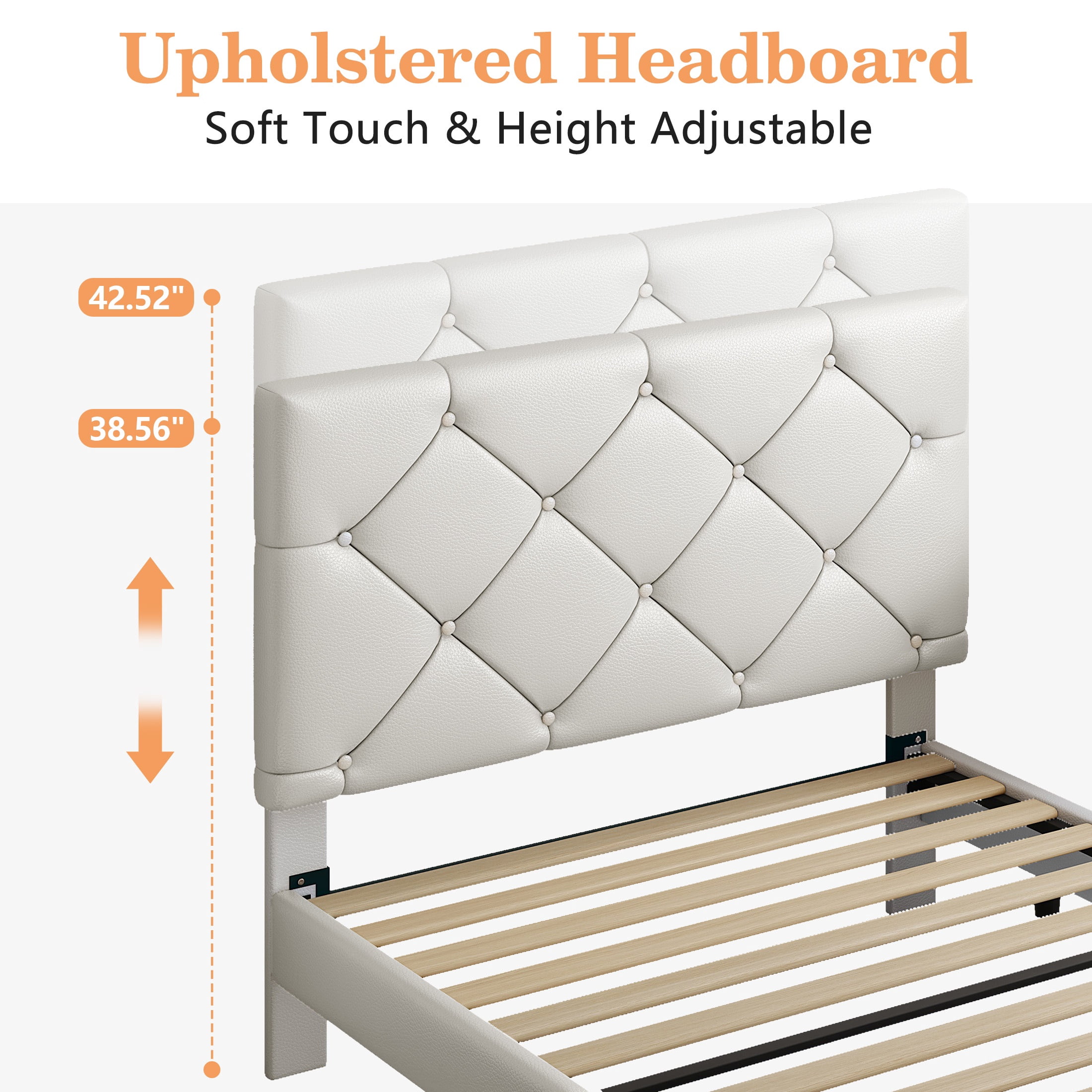 Twin Bed Frame with Upholstered Faux Leather Headboard, UHOMEPRO Platform Bed Frame with Wood Slat Support, No Box Spring Needed, Beige