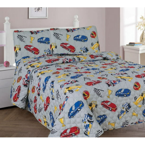 3PC FULL RACE CAR Bed Cover Bedspread Coverlet Quilt Set for Kids and