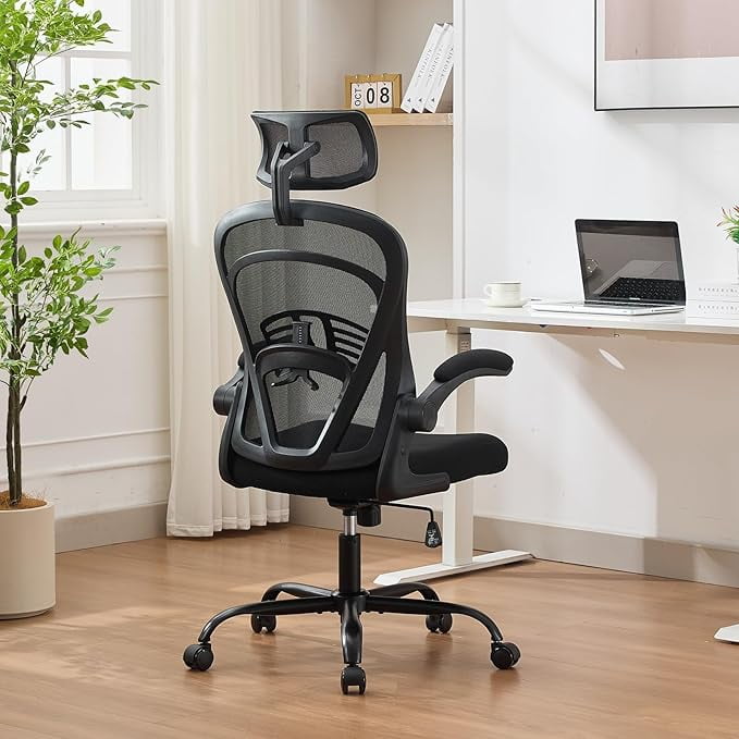 Ergonomic High-Back Mesh Office Chair – Adjustable Headrest & Flip-Up Armrests, Desk Chair with Wheels, 300 lbs Capacity for Home or Study, Black