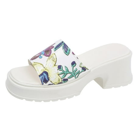 

Summer Saving Clearance! Kukoosong Womens Wedge Sandals Womens Flower Printed Slippers Sponge Sole Thick Sole Mules Straight Line Sandals Women Purple 35