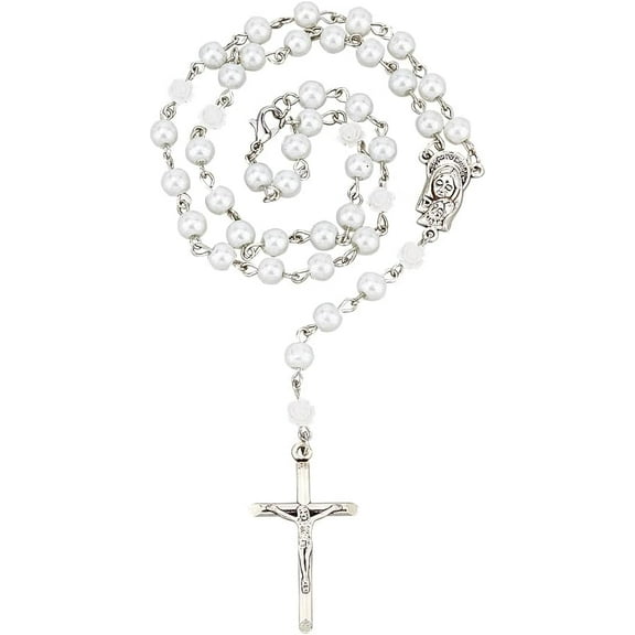 Glass Pearl & Resin Rose Rosary Bead Necklace Alloy Virgin Mary with Cross Pendant Necklace for Women Antique Silver 19.29~19.88 inch(49~50.5cm)
