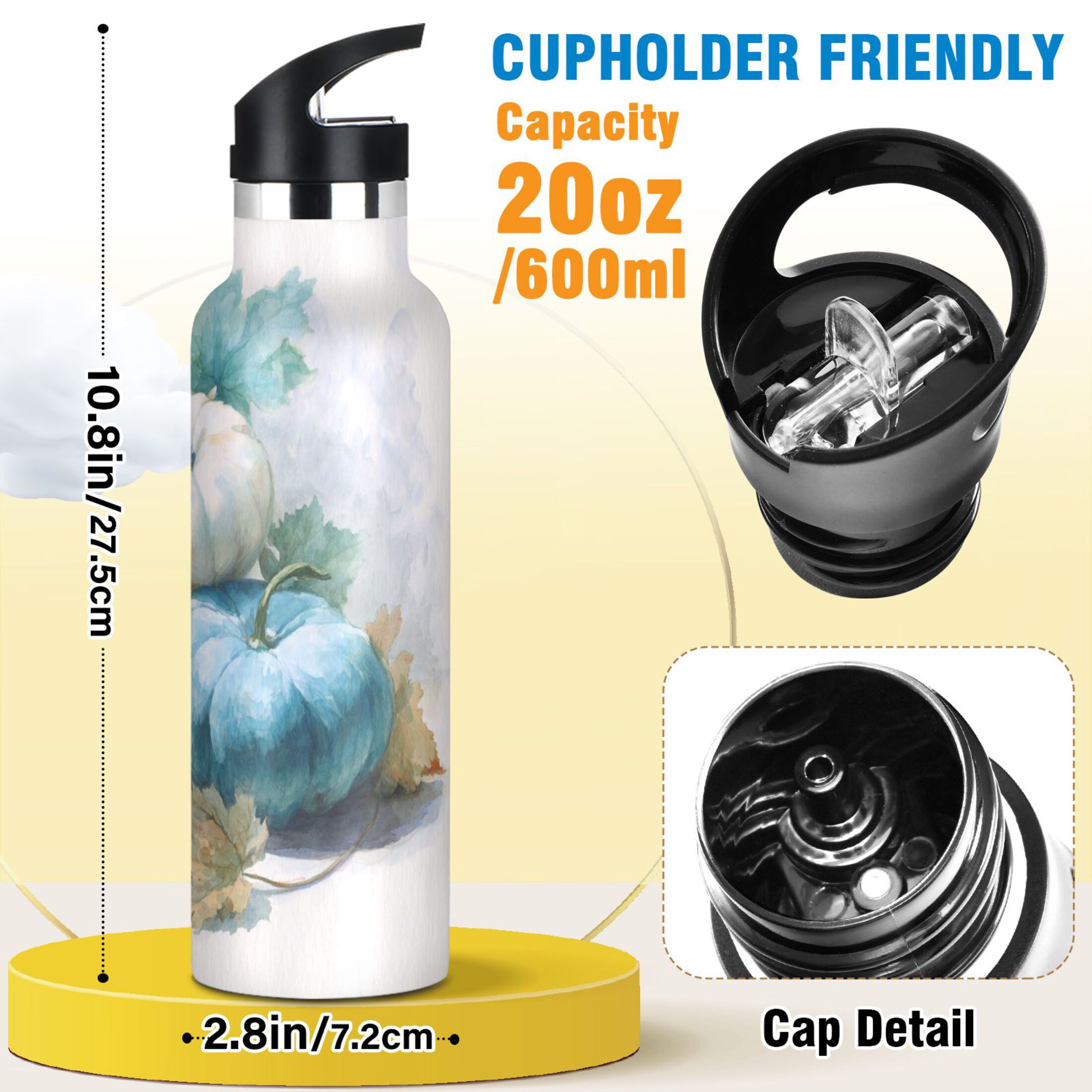 Kids Insulated Stainless Steel Sports Water Bottle 600ml (20oz) Watercolor Pumpkins and Leaves