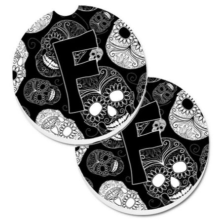 

Letter F Day of the Dead Skulls Black Set of 2 Cup Holder Car Coaster
