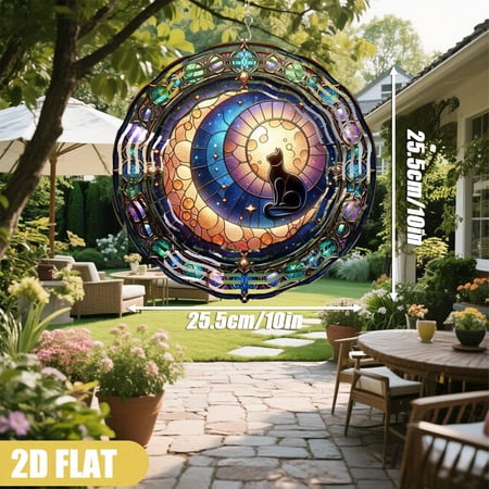 HELLOYOUNG Moon Black Cat Stained Glass Painting Wind Chime, 360° Rotating Metal Windmill for Outdoor Lawn Decor, 25.5cm/10in DIY Creative Wind Turn with Swivel Hook