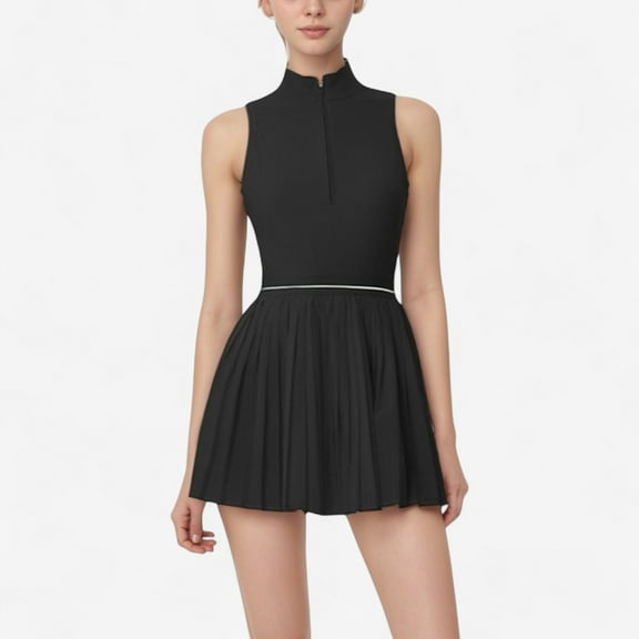 Women's Sleeveless Zip Front High Neck Tennis Dress with Pleated Skirt and Contrast Waist Trim - Large, Black