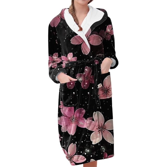 Women's Fleece Plush Robe Long Warm Plush Bathrobe Loungewear Jacket Printed Comfort Robe