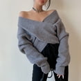thumbnail image 2 of UJNDER Wrap V Neck Cropped Sweaters for Women 2025 Fall Long Sleeve Front Off Shoulder Solid Knit Pullover Grey One Size, 2 of 4