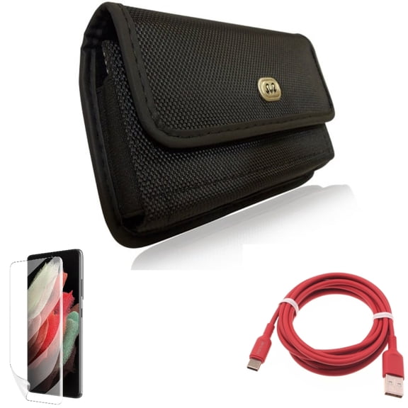 Matte Screen Protector & 6ft USB-C Cable & Case Belt Clip for Samsung Galaxy S22 Plus (S22 ) - Combo TPU Film Anti-Glare & Red Charger Cord Power & Rugged Holster