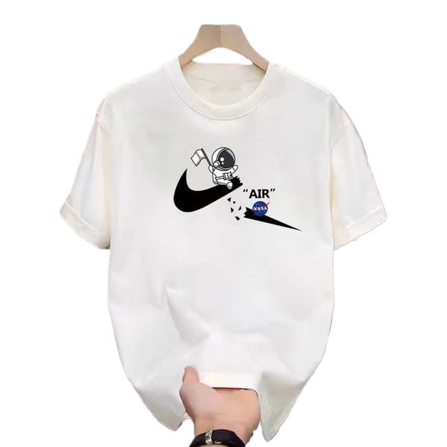 T-Shirt Décontracté d'Été Blanc Imprimé Hommes Femmes Extérieur Respirant Coton Chemise Ronde