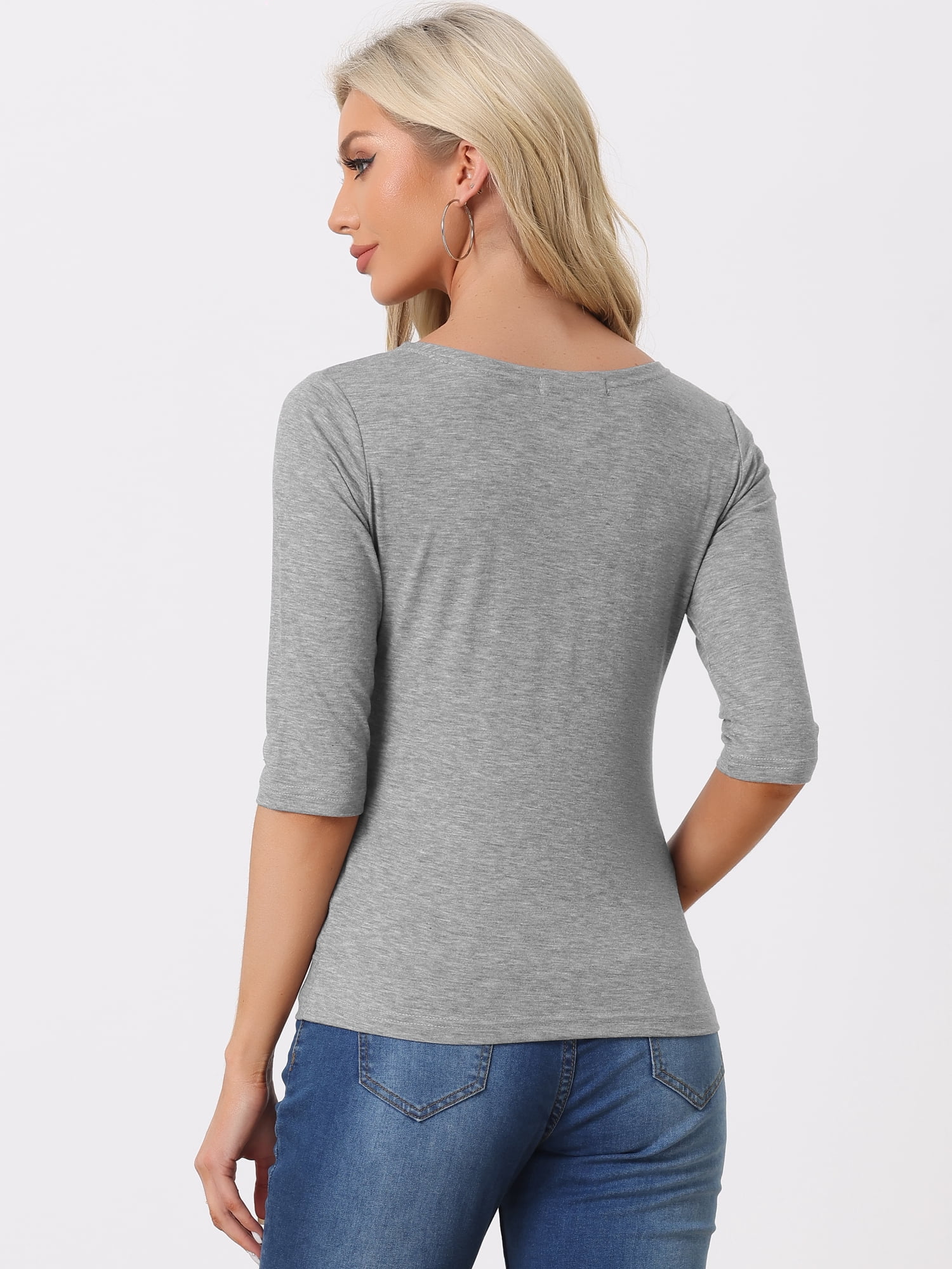 DARING DIVA Women's Elbow Sleeves Boat Neck Slim Fit Classic Tee S Light Gray