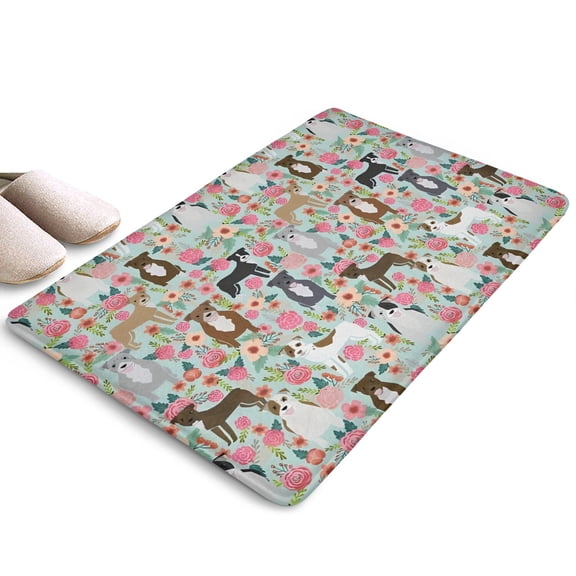 Cute Pitbull Terriers Dog and Flower Flannel Non Slip Door Rugs,Washable Door Mats Indoor,Decorative Door Mats,Dirt-Resistant and Absorbent Doormat for Entrance,Bedroom,Kitchen,Bathroom,23.5"x16"