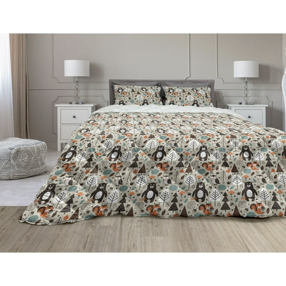 Cartoon Comforter & Sham Bedding Set, Repeating Pattern of Forest Animals and Bear Owl Squirrel Motif, 3 pcs Duvet Set Microfiber Filling Quilt, 5 Sizes, Grey Yellow and Multicolor, by Ambesonne