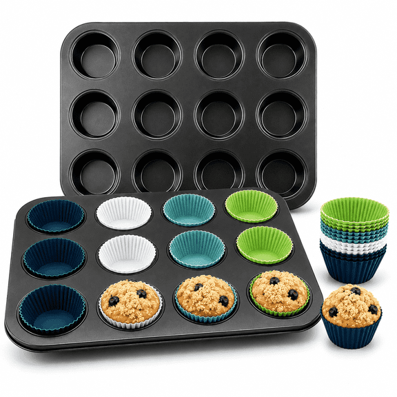 Xinabrius Nonstick Muffin Pan Set, 2 Pack 12-Cup Cupcake Pan, Carbon Steel Muffin Tin with 24 Reusable Silicone Baking Cups, Dishwasher Safe, Dark Grey