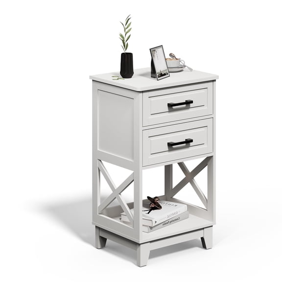 May in Color Tall Nightstand, Side Table with 2 Drawers and Open Shelf Below, for Bedroom, Living Room, Home Office, White