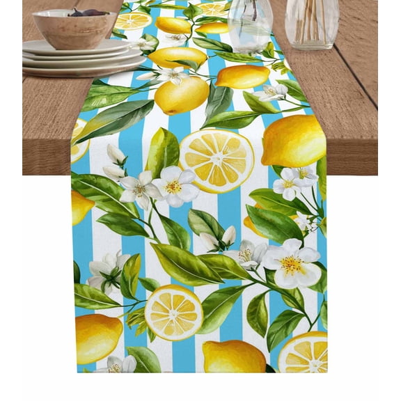 ERUNPONLY Summer Lemon Table Runner - 90 Inch Long Yellow Green Watercolor Botanical Aqua Striped Cotton Linen Blended Dress Scarves Farmhouse Table Runner for Kitchen Dining, Coffee Table, 13"x90"