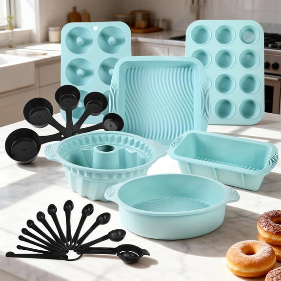 Nonstick Silicone Bakeware Set, 23pcs Baking Cake Pan Measuring Spoon, Economical Heat Resistant Bakeware Suppliers Tools Kit Silicone Brush for DIY Loaf Bread Cheesecake Pizza Cupcake Muffin blue