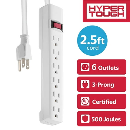 Hyper Tough Surge Protector Power Strip, 6 Outlets, 2.5 ft Extension Cord, 3 Prong, Grounded, White