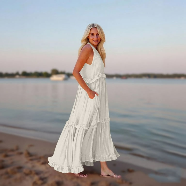 GXIPO Sun Dresses for Women 2025 Vacation V Neck Ruffle Tiered