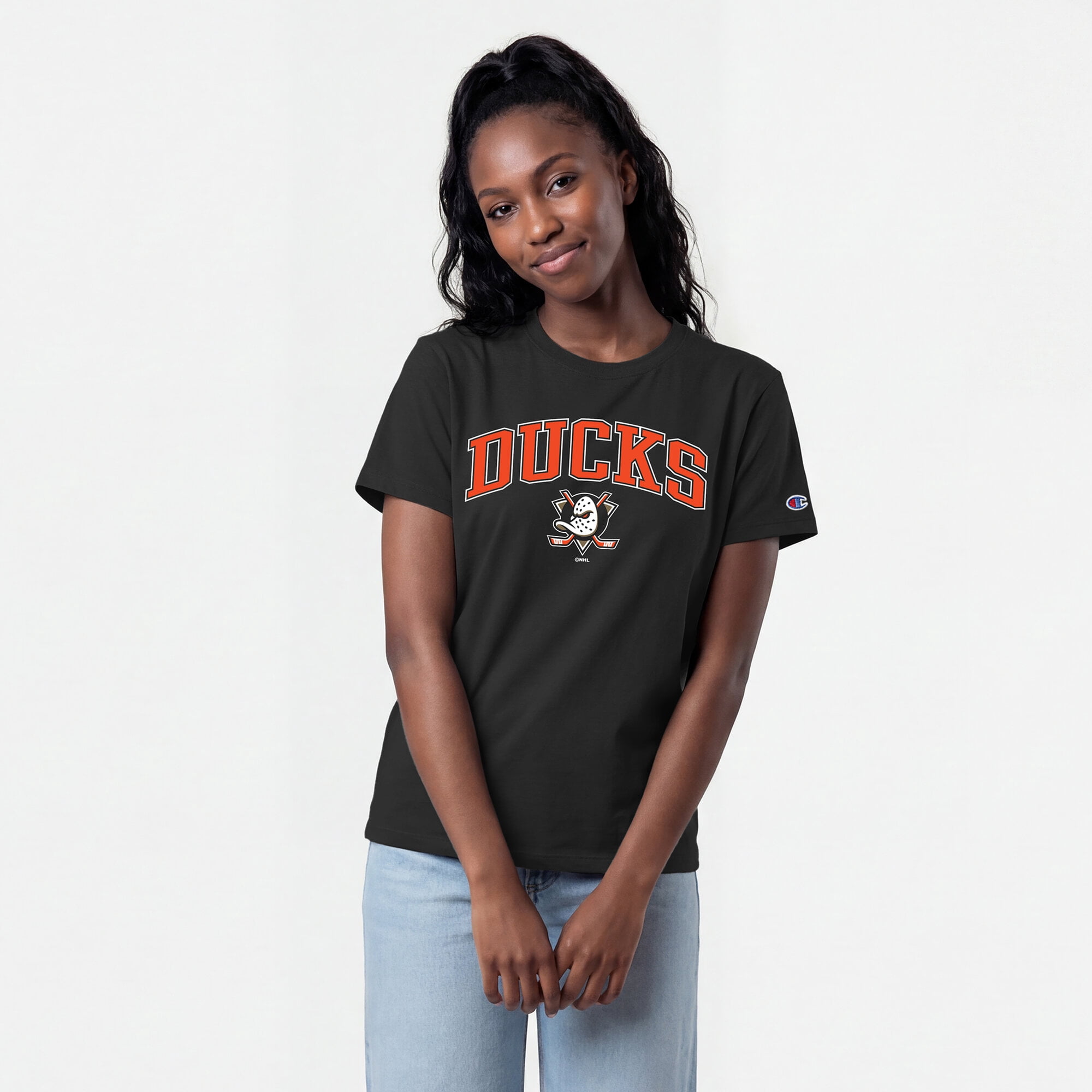 Women's Champion Black Anaheim Ducks Arch Mascot Logo T-Shirt