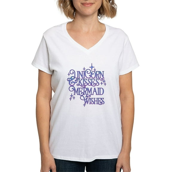 CafePress - UNICORN KISSES And MERMAID WISHES T Shirt - Womens Cotton V-Neck T-shirt