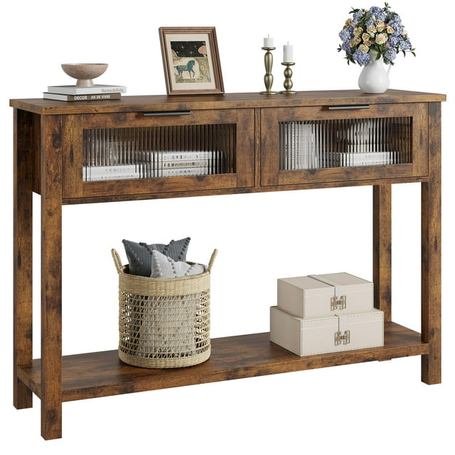 EDTara 43'' Narrow Console Table with 2 Glass Drawers, 2-Tier Sofa Table for Entryway, Modern Side Table with Storage for Living Room, Hallway, Foyer