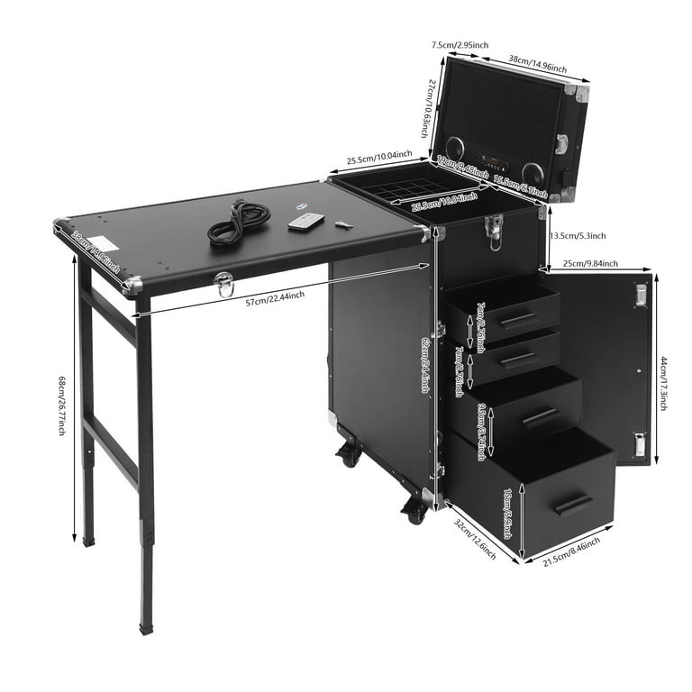 Nail Desk Mobile Station Rolling Make up Train Case Manicure Table