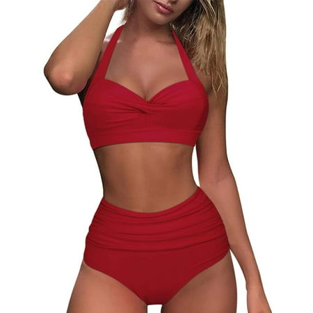 Wxirdiow Women Two Piece Vintage Swimsuit Retro Halter Ruched High Waist Bikini with Bottom (Red  XXL)