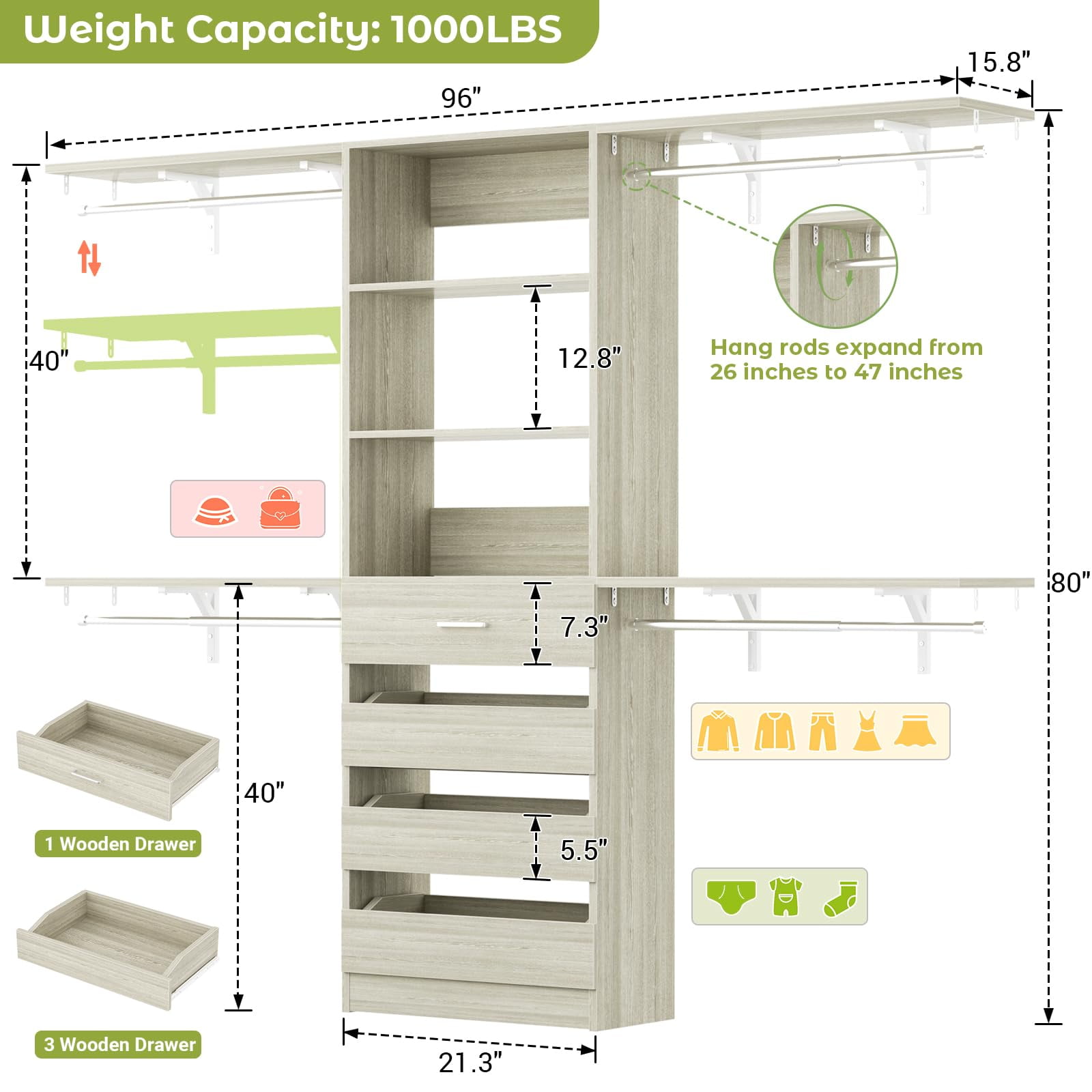 Homieasy 8FT Closet Organizer System with 4 Wooden Drawers & Hanging Rods ,Wooden Heavy-Duty Wardrobe Rack,Adjustable Storage Tower for Walk-In Closets ,White Oak