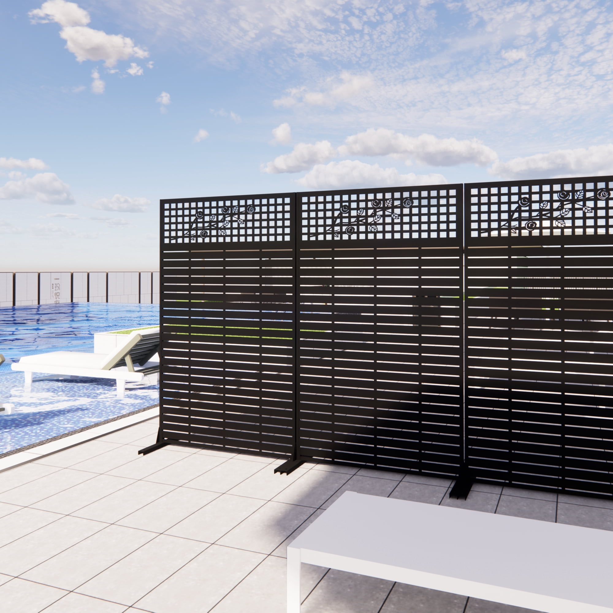 Mintazer 72" H Metal Privacy Screen with Rose Pattern, Outdoor Patio Privacy Fence Room Divider, Black