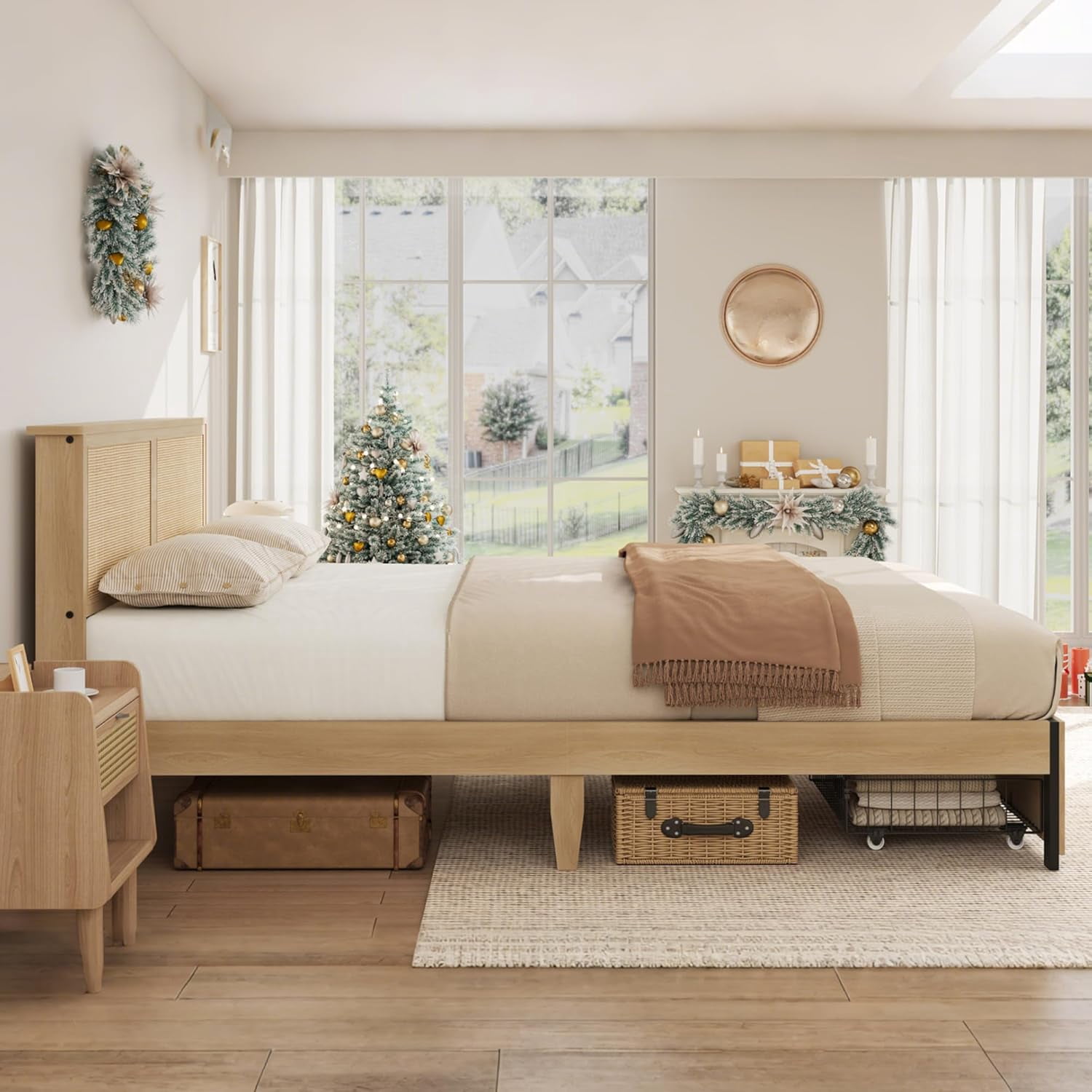 Rattan Queen Size Bed Frame with 2 Storage Drawers, Queen Platform Bed Frame with Natural Rattan Headboard, Boho Bed Frame with Strong Wood Slats Support, Noise Free, No Box Spring Needed