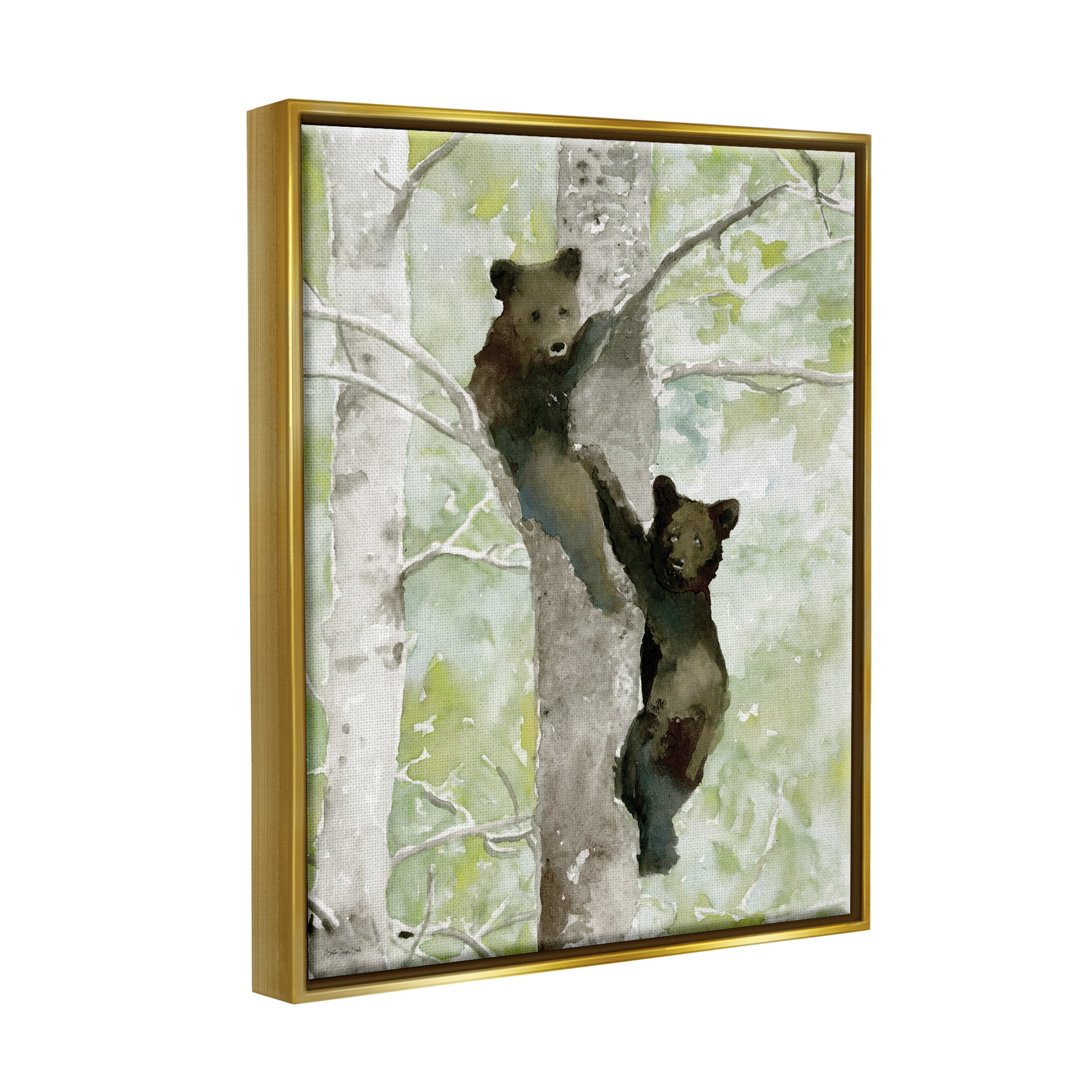 Stupell Bear Cubs Climbing Tree Nature Animals & Insects Painting Gold Floater Framed Art Print Wall Art