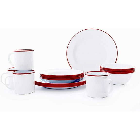 Enamelware Starter Set, 16 piece, Vintage White/Red