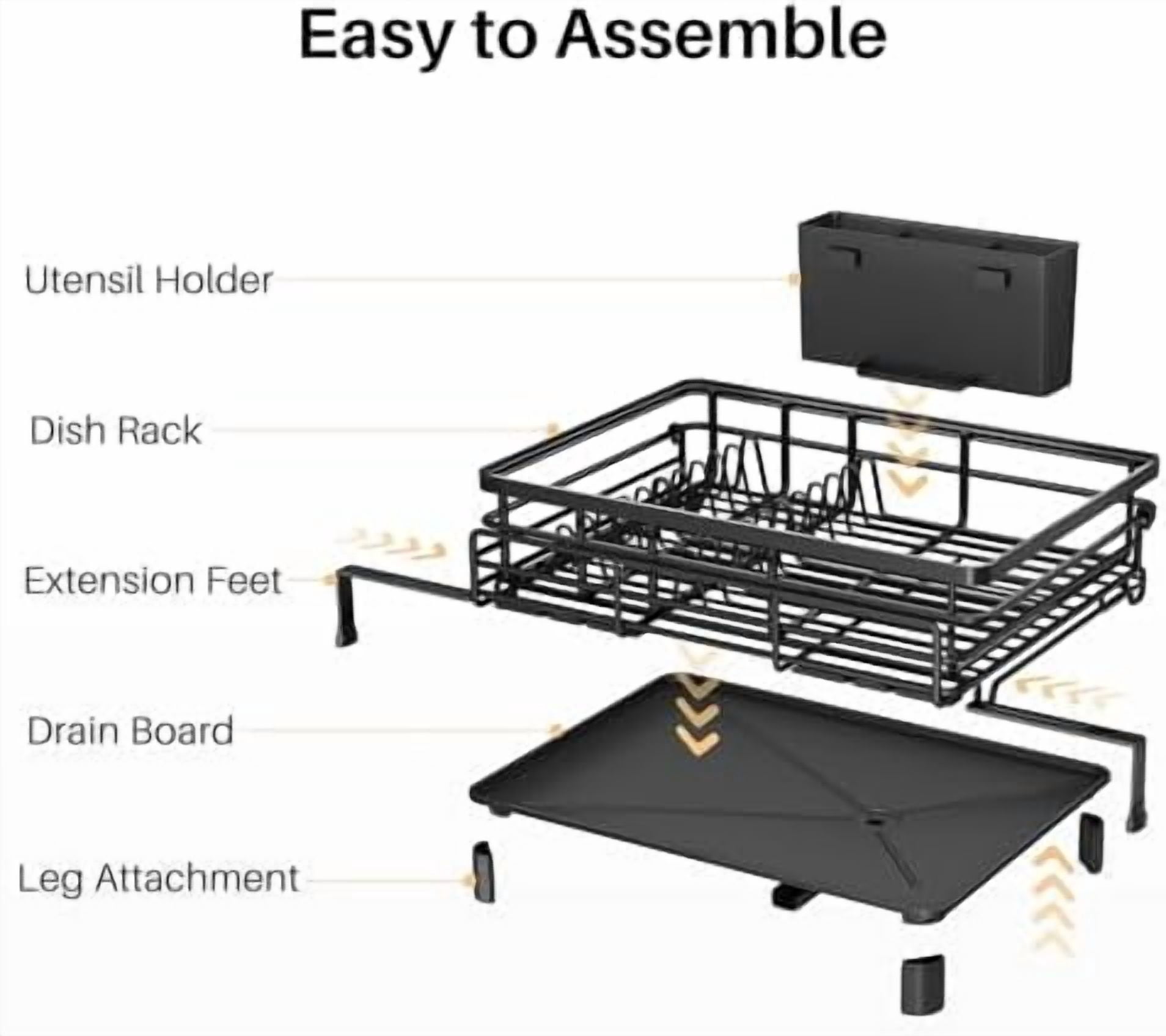 Dish Drying Rack - Extendable Dish Rack, Large Sink Drying Dish Drainer for Kitchen Counter, Stainless Steel Dish Strainer with Utensil Holder (Black)