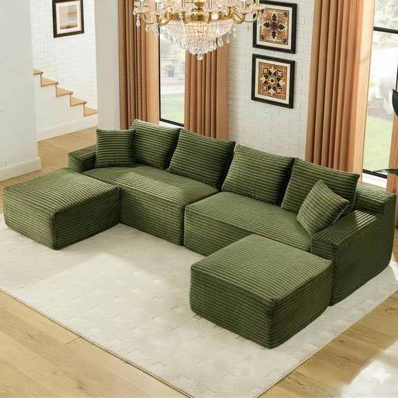 Aukfa 115" Cloud Sectional Sofa U Shape Modular Boneless Couch for Living Room, 2 Ottoman&Pillows, Corduroy, Green