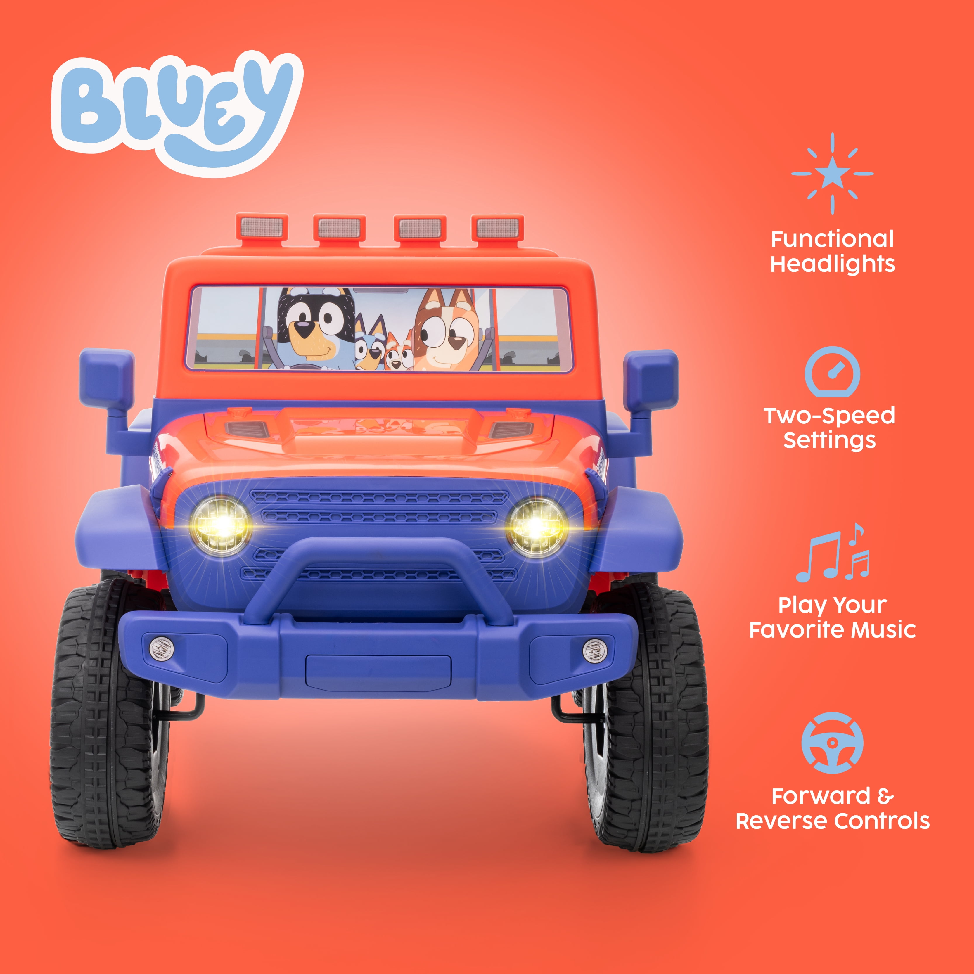 Bluey 12V Electric 1 Seat Ride-On for Kids with Music, USB Port, Working Headlights, and Forward/Reverse Drive, Top Speed 3.5 Mph