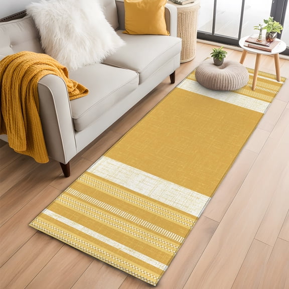 Rectangle Area Rug 2x6ft, Retro Yellow Stripes Linen Non-Slip Non-Shedding Floor Mat, Minimalist Style Washable Sturdy Carpet for Living Room Bedroom Home Decor