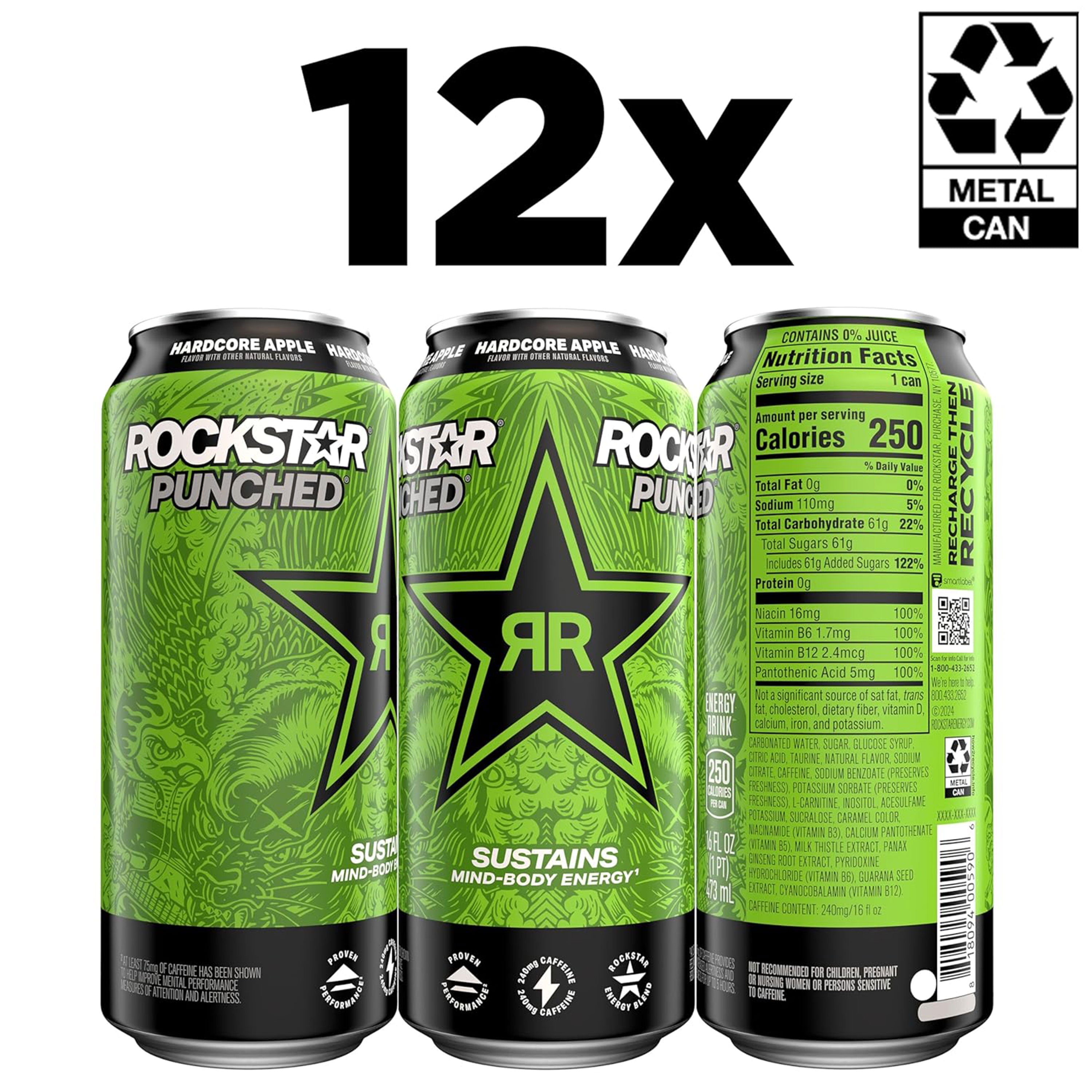 Rockstar Punched Hardcore Apple Energy Drink, 16 fl oz, 12 Pack Cans