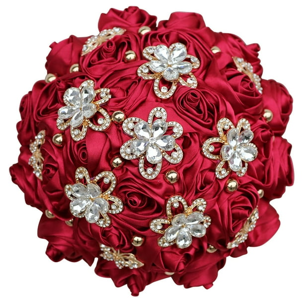 Qarigey Ramo de novia de rosa de satén elegante para fiestas nupciales y ceremonias de boda Ramo de simulación de satén Ropa, zapatos y accesorios Miscelánea vino rojo