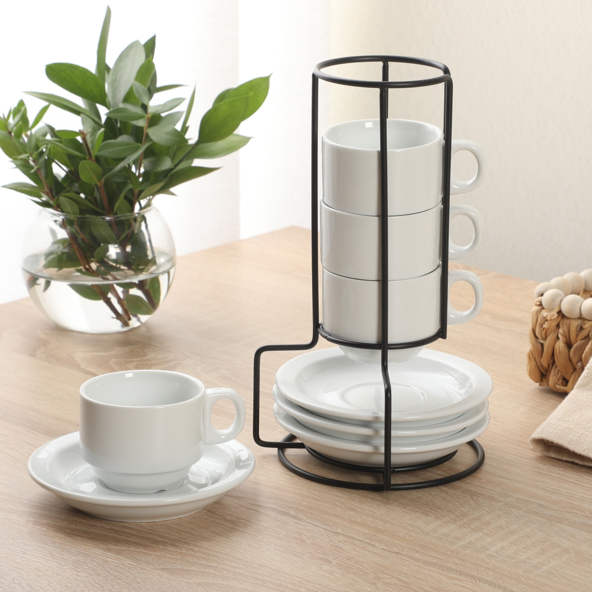Gibson Home Gracious Dining Espresso / Cuppuccino Cups Set of 4, Small Stackable Coffee Cups with 4 Saucers, Metal Stand, Ceramic Demitasse Mugs, Espresso Accessories for Machine