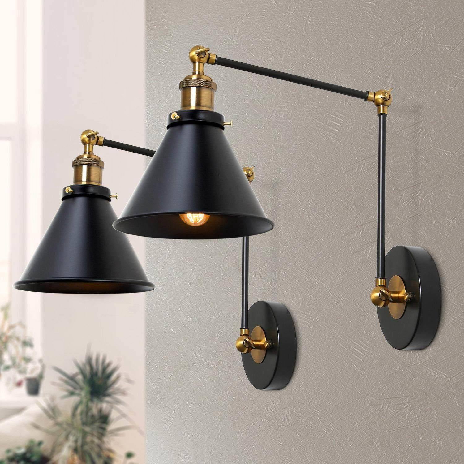 LNC Set of 2 Black Swing Arm Wall Lamps, Plug-In or Hardwired Adjustable Light Fixtures