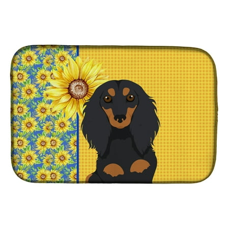 

Summer Sunflowers Longhair Black and Tan Dachshund Dish Drying Mat 14 in x 21 in