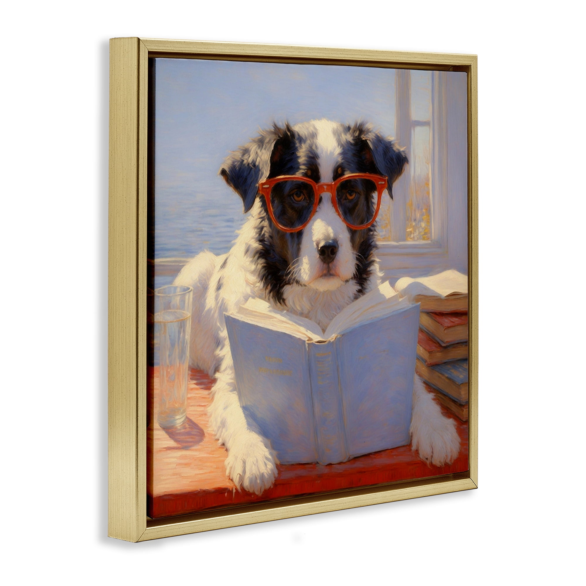 Stupell Industries Sunlit Dog Reading By Window Gold Framed Floater Canvas Wall Art, design by Angie Hawke