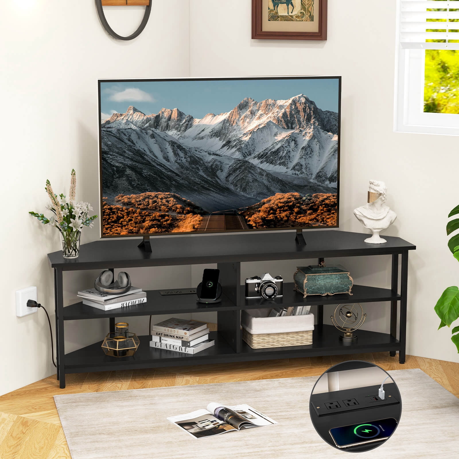 Costway Corner TV Stand for TVs up to 65" TV Console Table with AC Outlets&USB A Ports Black