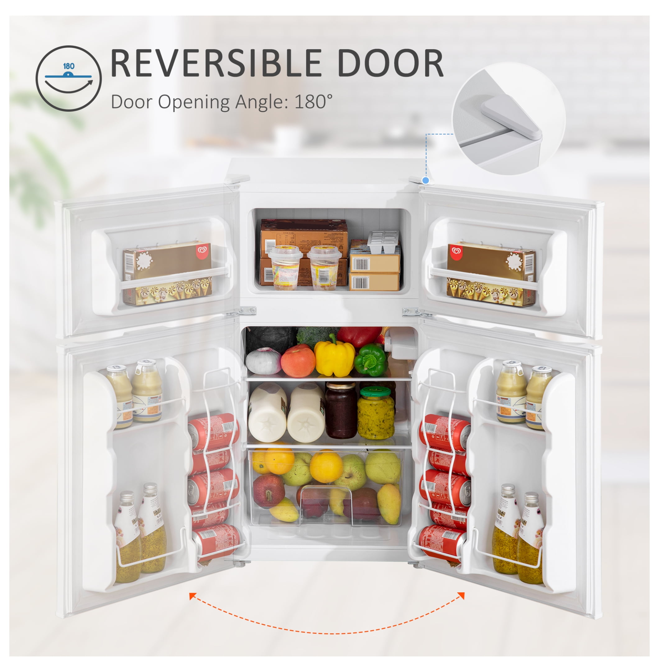 Double Door Mini Fridge with Freezer, 3.2 Cu.Ft Compact Refrigerator with Adjustable Shelf, Adjustable Thermostat and Reversible Door for Bedroom, Dorm, Home Office, White