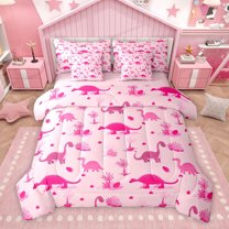 Homewish Girly Pink Dinosaur Bedding Comforter Set 7 Pieces, Cute Cartoon Animal Full Bedding Set, Teens Kids Boys Girls Reversible Fitted Sheet Flat Sheet, Breathable Home Decor